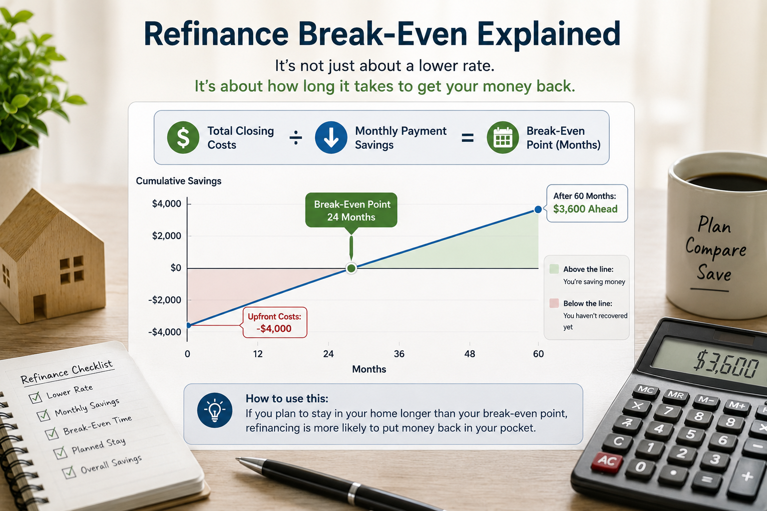 Break-even timeline showing refinance costs compared with monthly mortgage savings